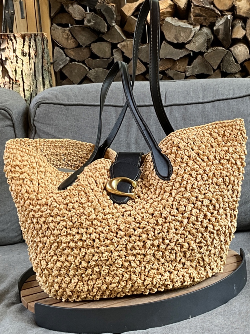 Coach Natural Straw Tote with Black Leather Straps